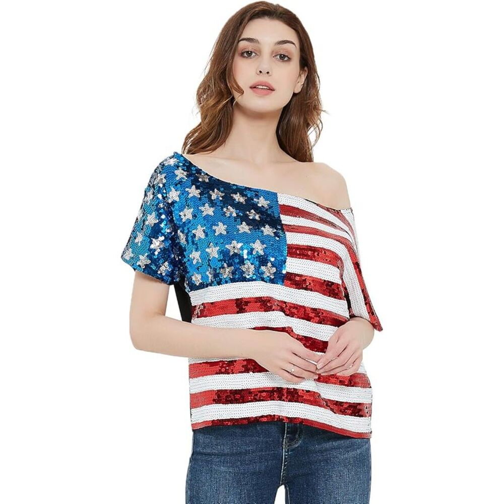 NWT Anna Kaci Patriotic American USA Flag Sequin One Shoulder Top Blouse XXL